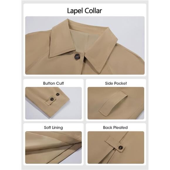 Womens Long Trench Coat Single Breasted Khaki - Picture 5 of 5